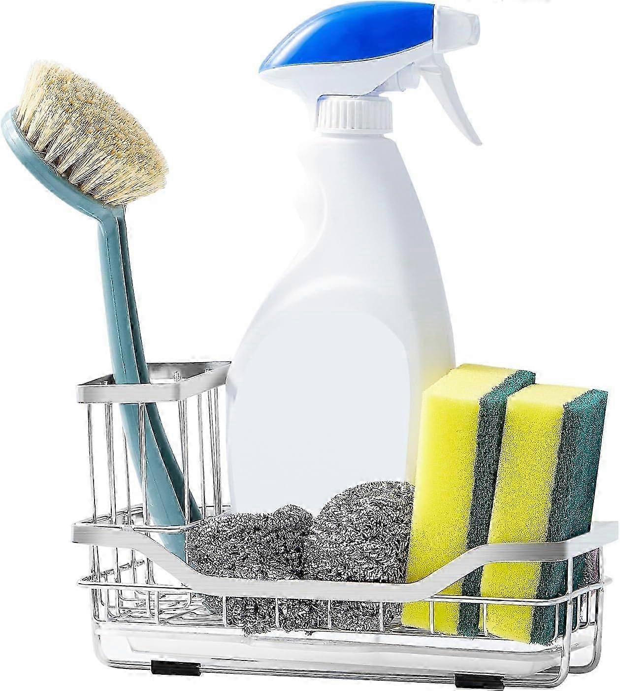 Sink Caddy, Kitchen Sink Organiser with Removable Drip Tray, Washing up Caddy Sponge Holder for Sink Tidy (Silver)