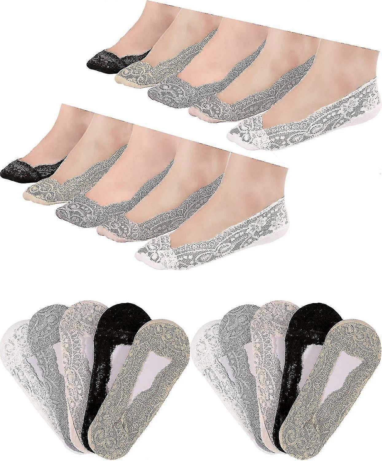 10 أزواج لا تظهر الجوارب قارب الدانتيل عدم الانزلاق جوارب الكاحل جوارب غير مرئية متوافقة مع النساء تفضل (5 ألوان) (الحجم: مقاس واحد)