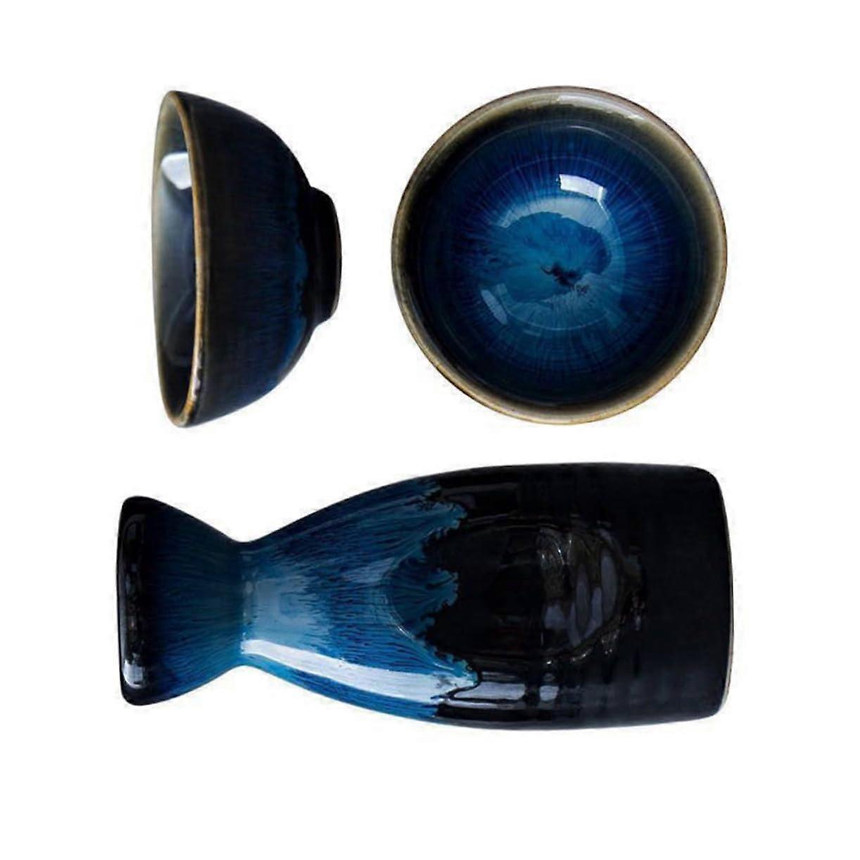 Japanese Style Ceramic Sake Kettle With Blue Sake Cups Included Traditional Reusable Pottery Set