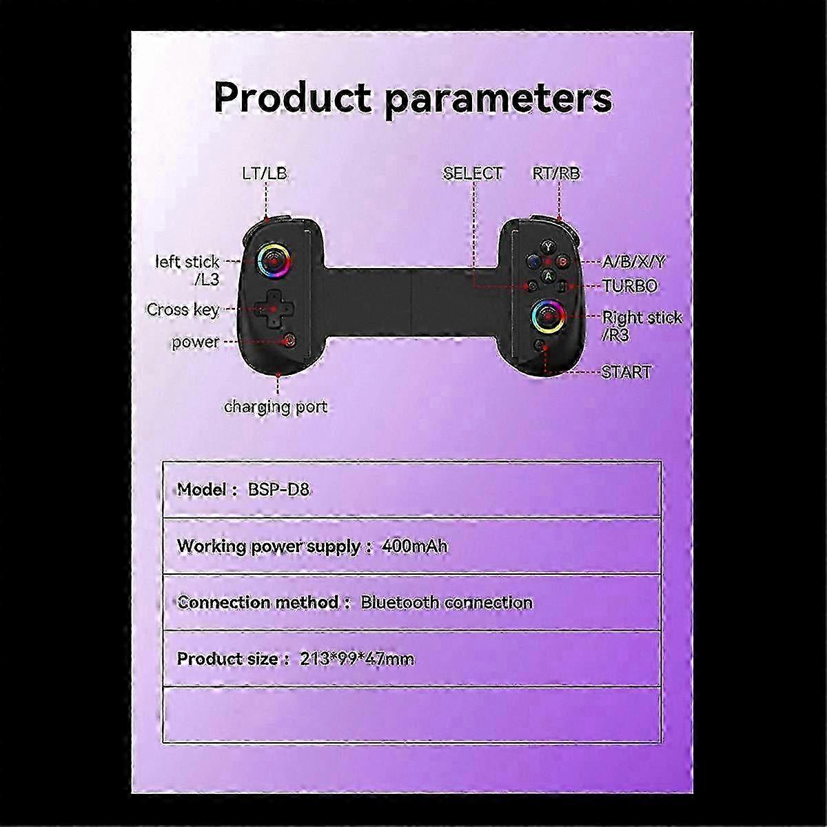 D8 Extendable RGB Gaming Controller with 6-Axis Vibration for Android iOS PS3 Switch PC Mobile Devices