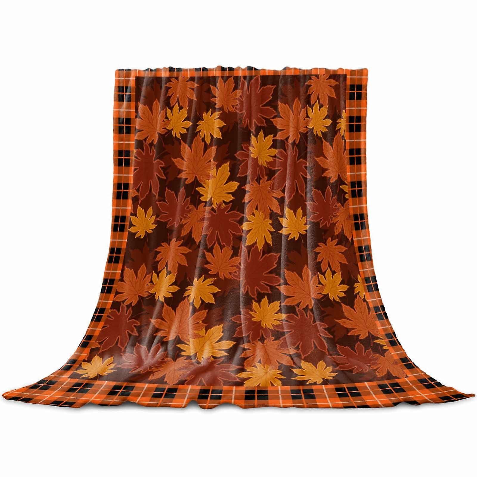 Thanksgiving Fall Throw Flannel Blanket 32x48In Maple Leaf Orange Retro Plaid Texture Super Soft Cozy Bed Blanket, Lightweight Plush Fuzzy