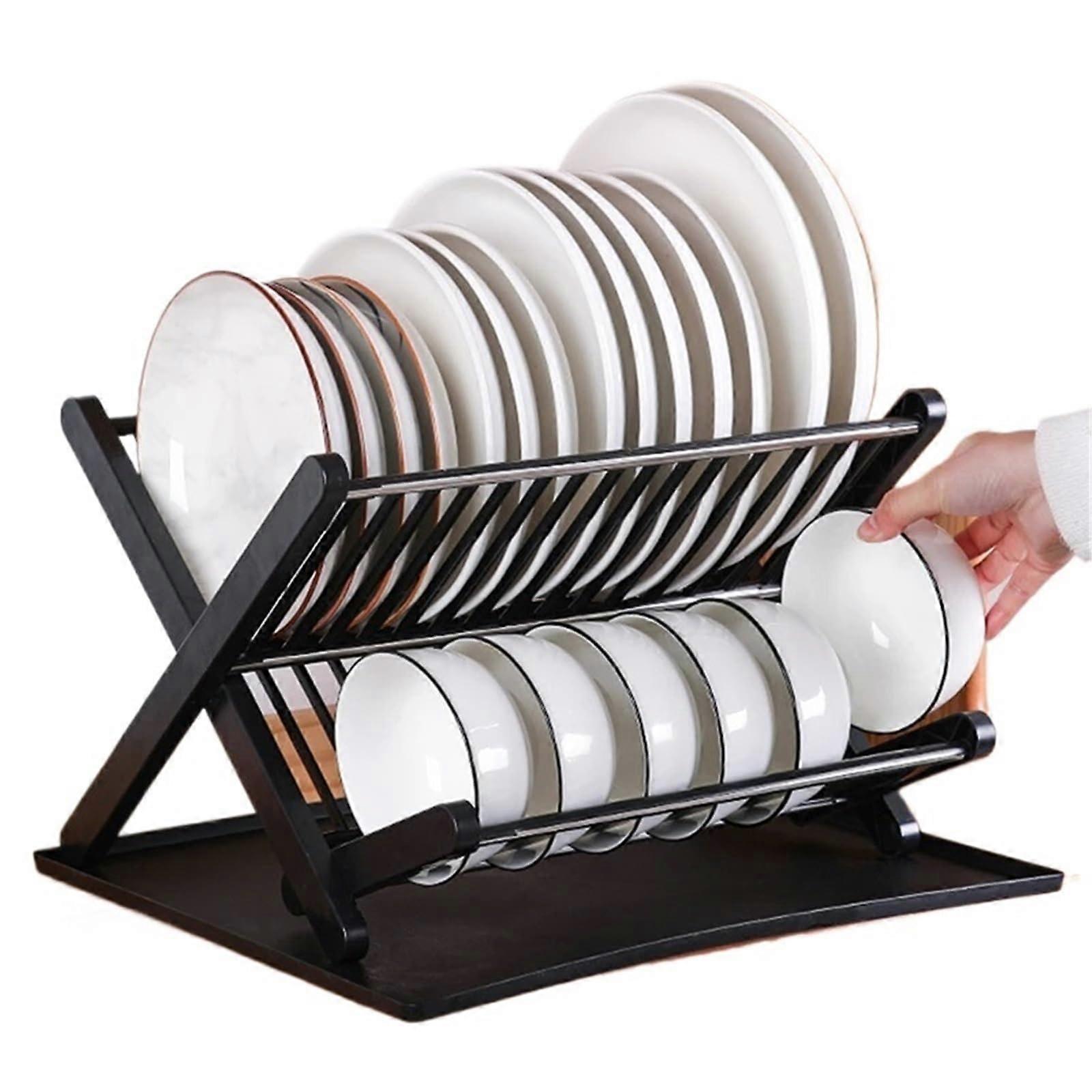 Dish Drying Rack 2 Tier Foldable Kitchen Counter Plate Bowl Drainer Storage Organizer Black