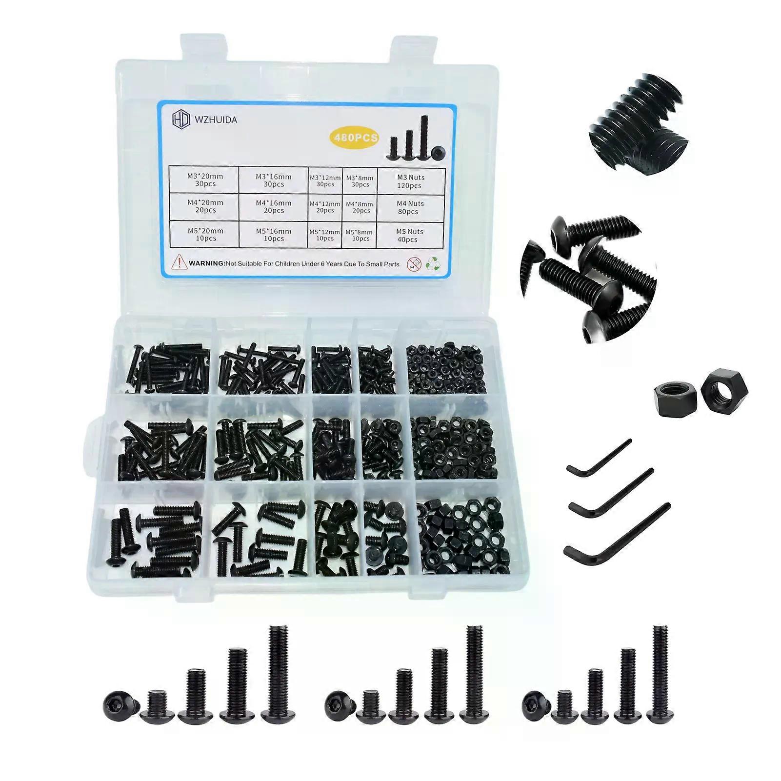 WZHUIDA 480Pcs M3 M4 M5 Hex Socket Button Head Bolts Nuts Kit Screw 8mm/12mm/16mm/20mm with 3 Hex Wrenches