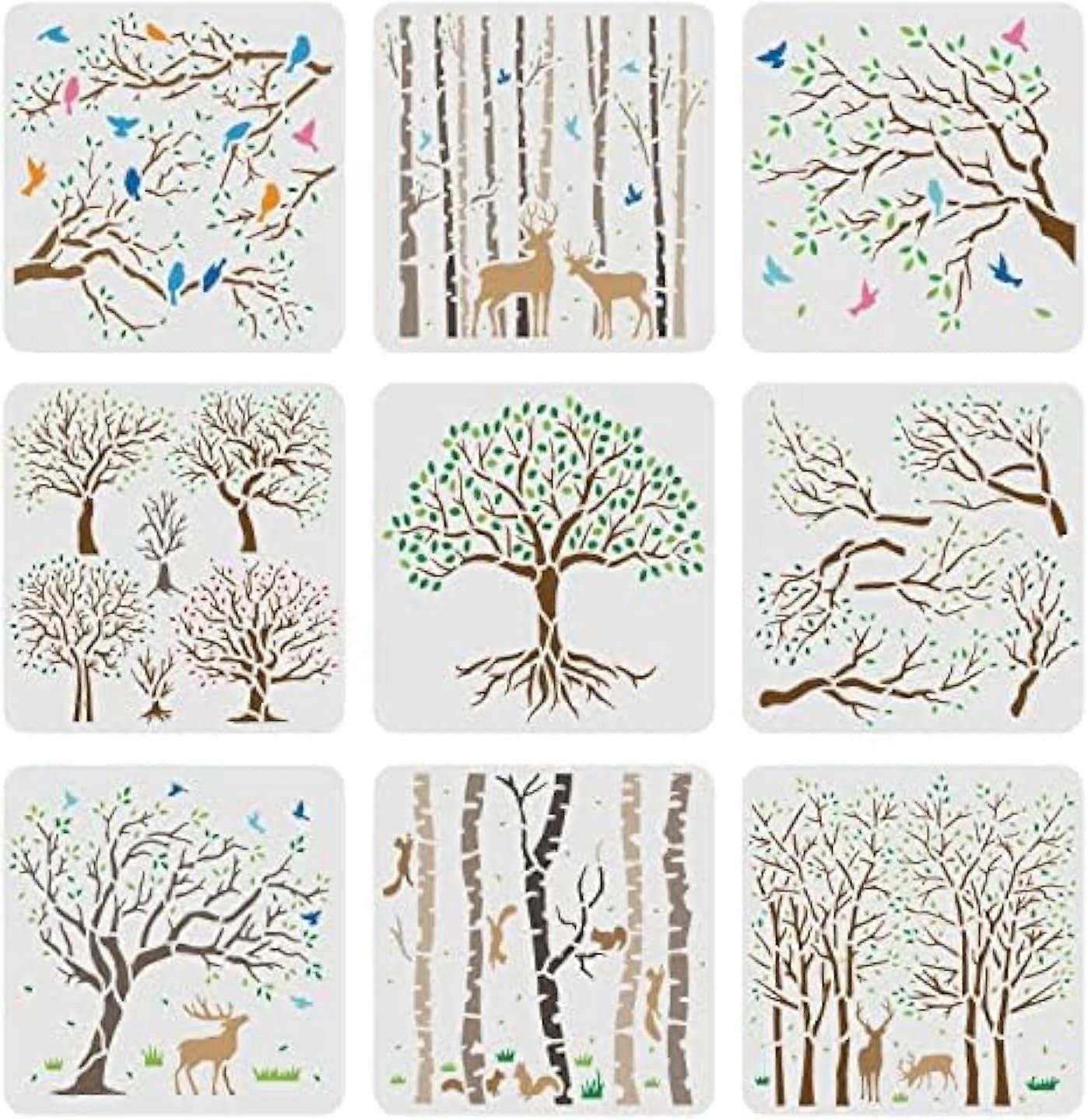 9pcs 7.9x7.9in Life of Tree Stencils, Aspen Trees & Flying Birds, Reusable Painting Stencil for Wood, Canvas, Fabric, Wall, DIY - compatible with