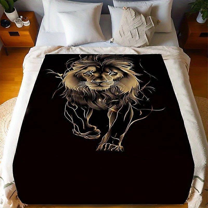 Golden Lion Jumping Black Background Displays Power and Elegance Digital Print Flannel Blanket, Durable Anti-Wrinkle Sof-MNBVC357