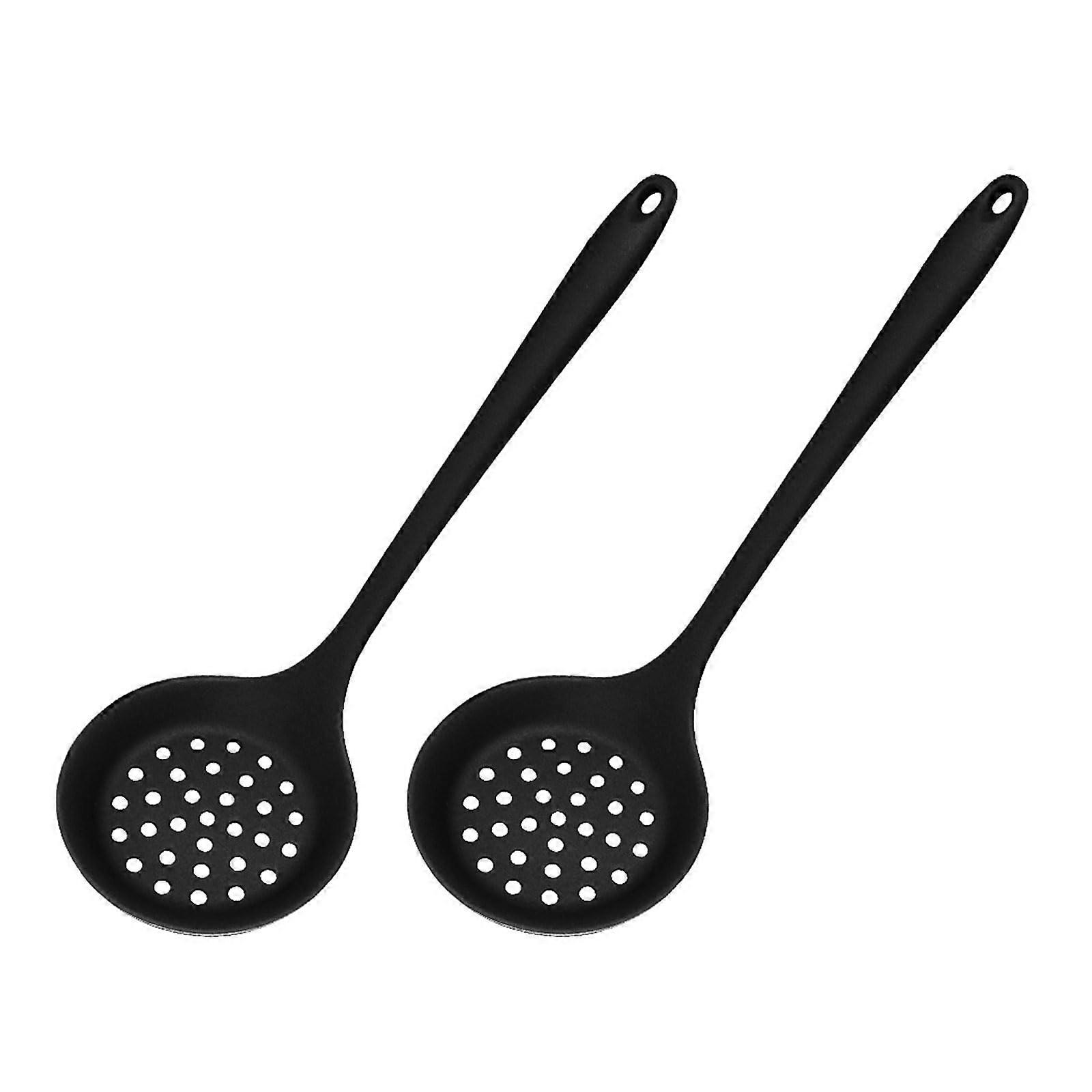 Pack of 2 Heat Resistant Silicone Slotted Skimmer Spoons with Long Non Slip Handle for Frying Black