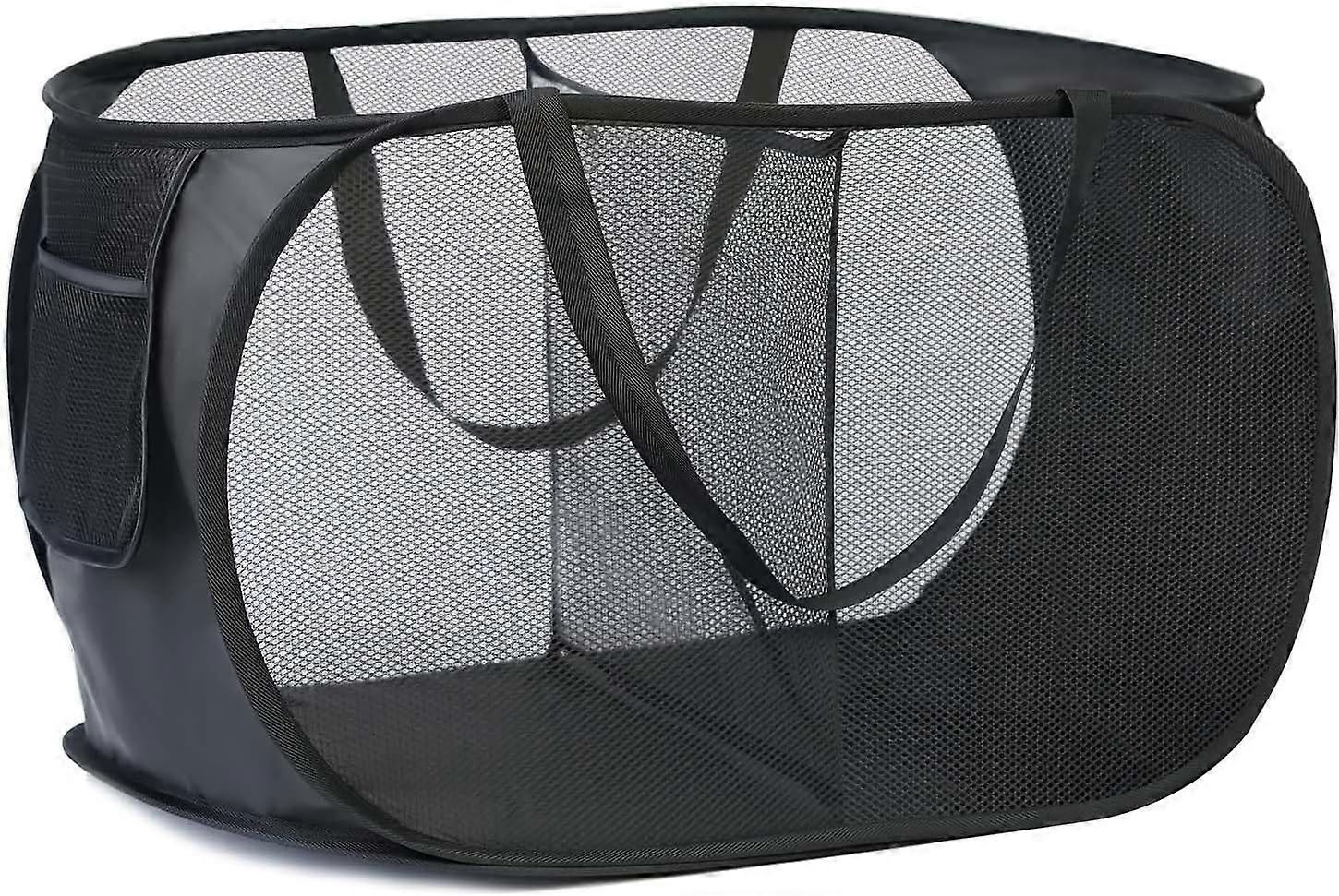 Collapsible Mesh Laundry Basket, 75L Large Mesh Washing Basket 2 Compartments, Foldable Pop-Up Laundry Hamper with Side Pocket