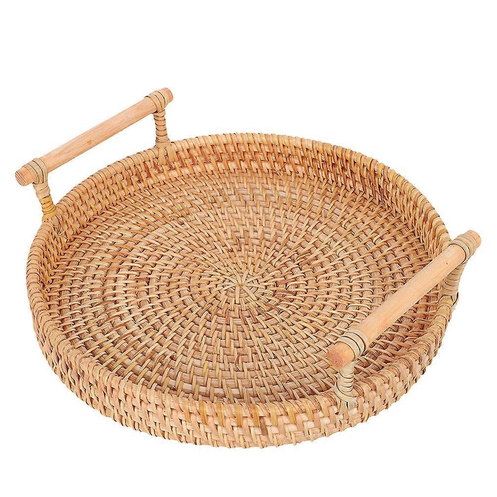 Hand Woven Rattan Serving Tray Round for Storage Use with Handles