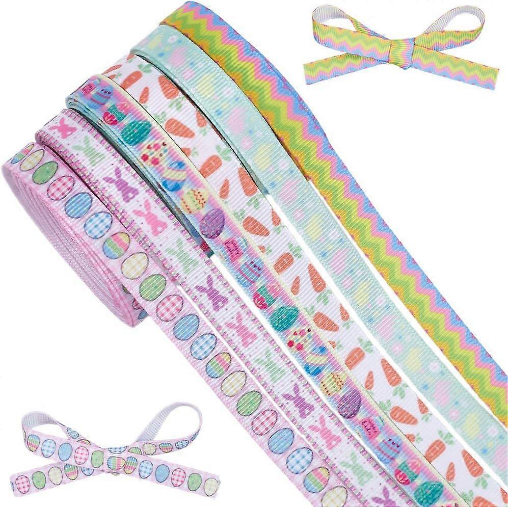 6 Rolls 29.5 Yard Easter Ribbon Set Pastel Easter Grosgrain Ribbons with Eggs Rabbits Carrots Wavy Line Pattern 10mm Spring Ribbon for Gift Wrapping D