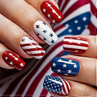 4th of July Press On Nails Set with American Flag Design, Glossy Acrylic Fake Nails 24Pcs