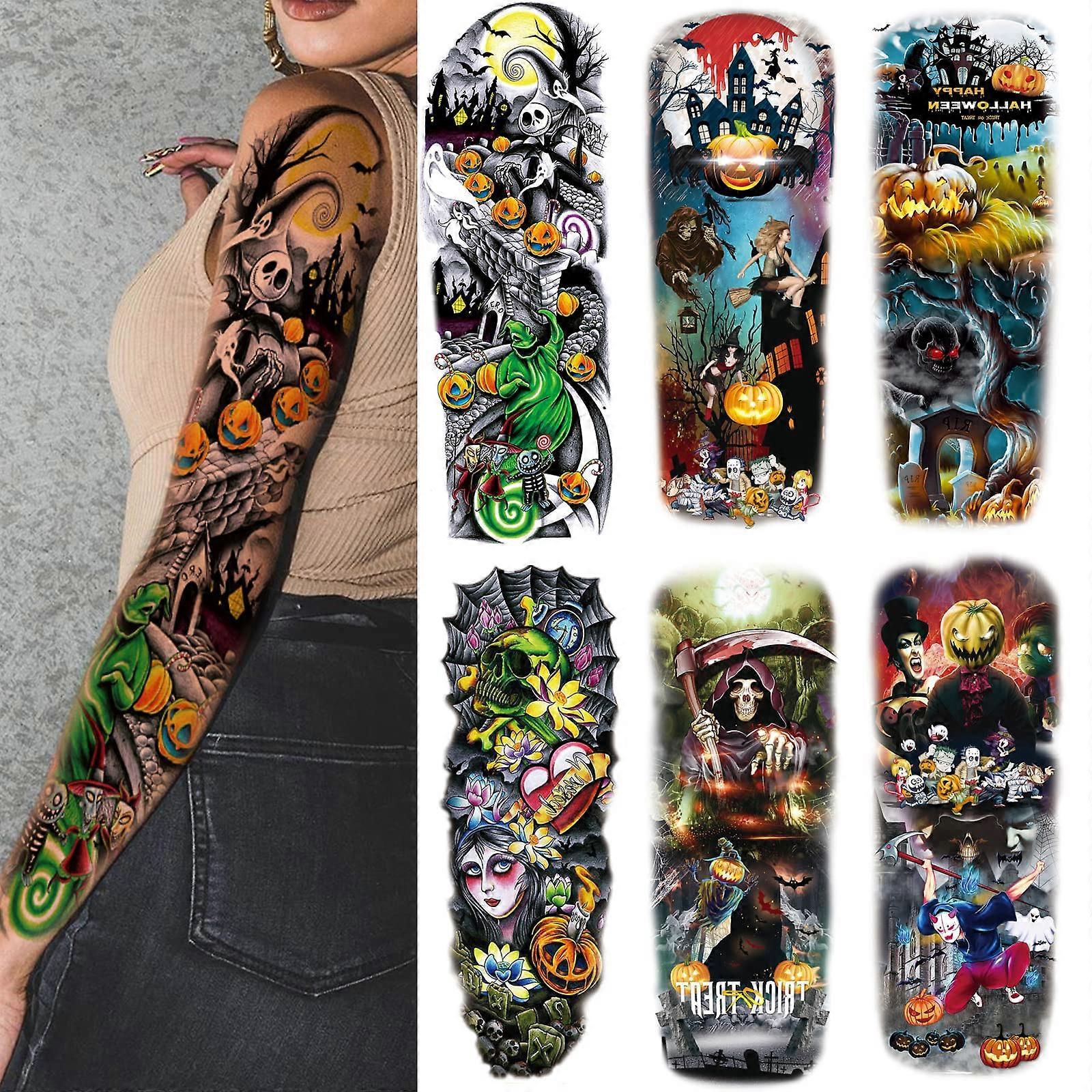 Halloween Temporary Sleeve Tattoos 6 Sheets Arm Tattoos for Adults