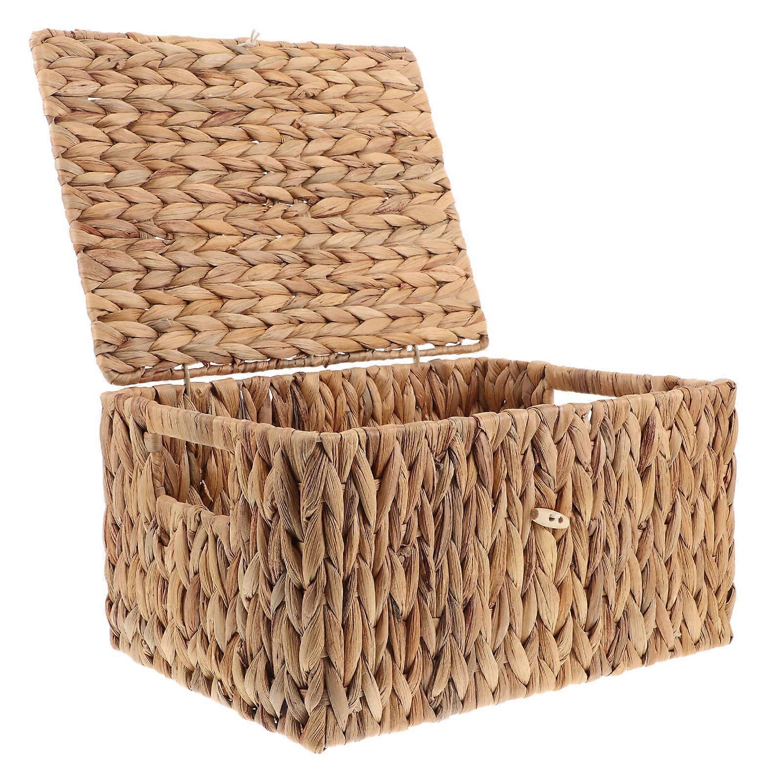 Light Brown Rectangular Woven Basket Storage Box with Lid for Storage
