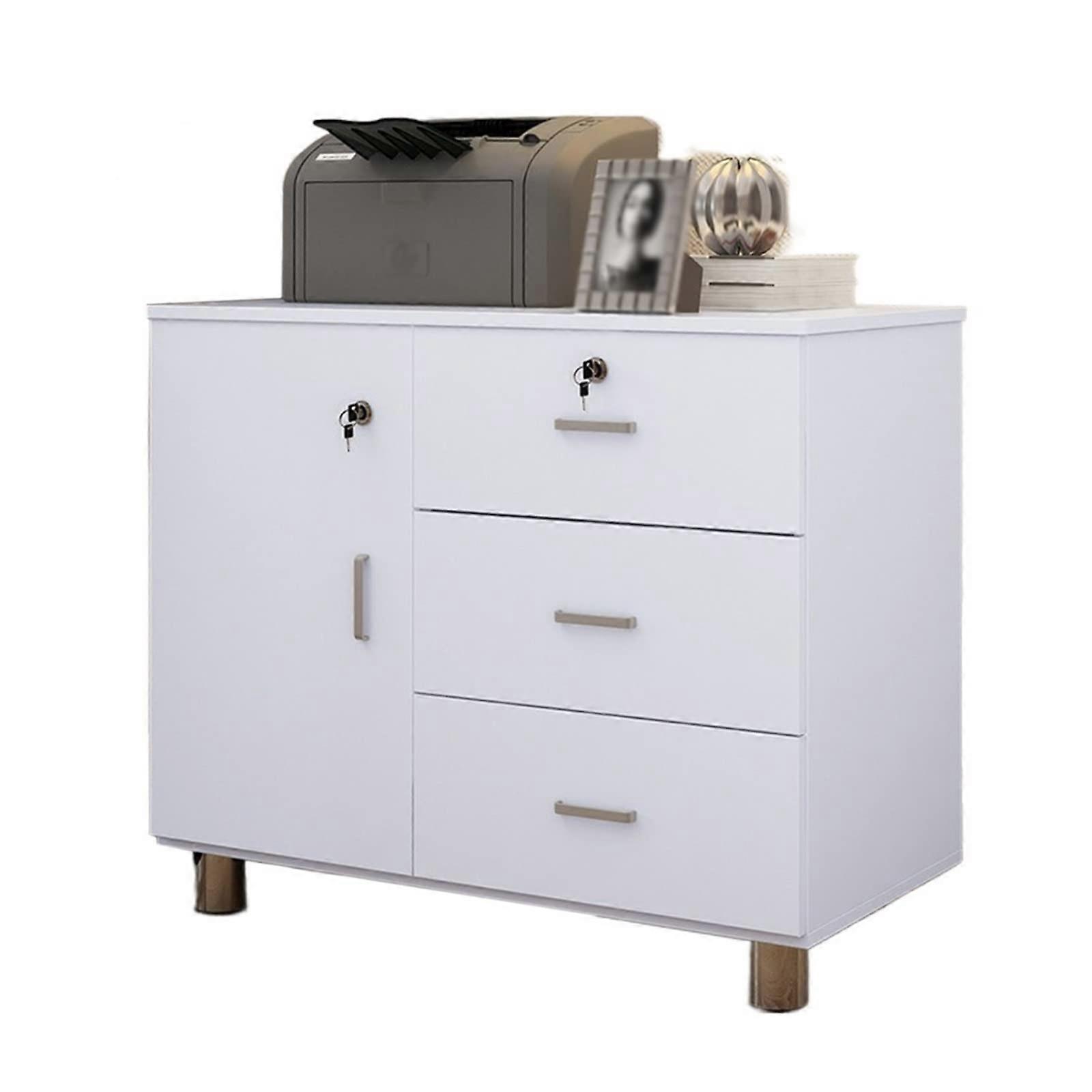 Small Wooden Printer Stand with Drawers, Lockable Office File Cabinet, Compact Space Saving Design