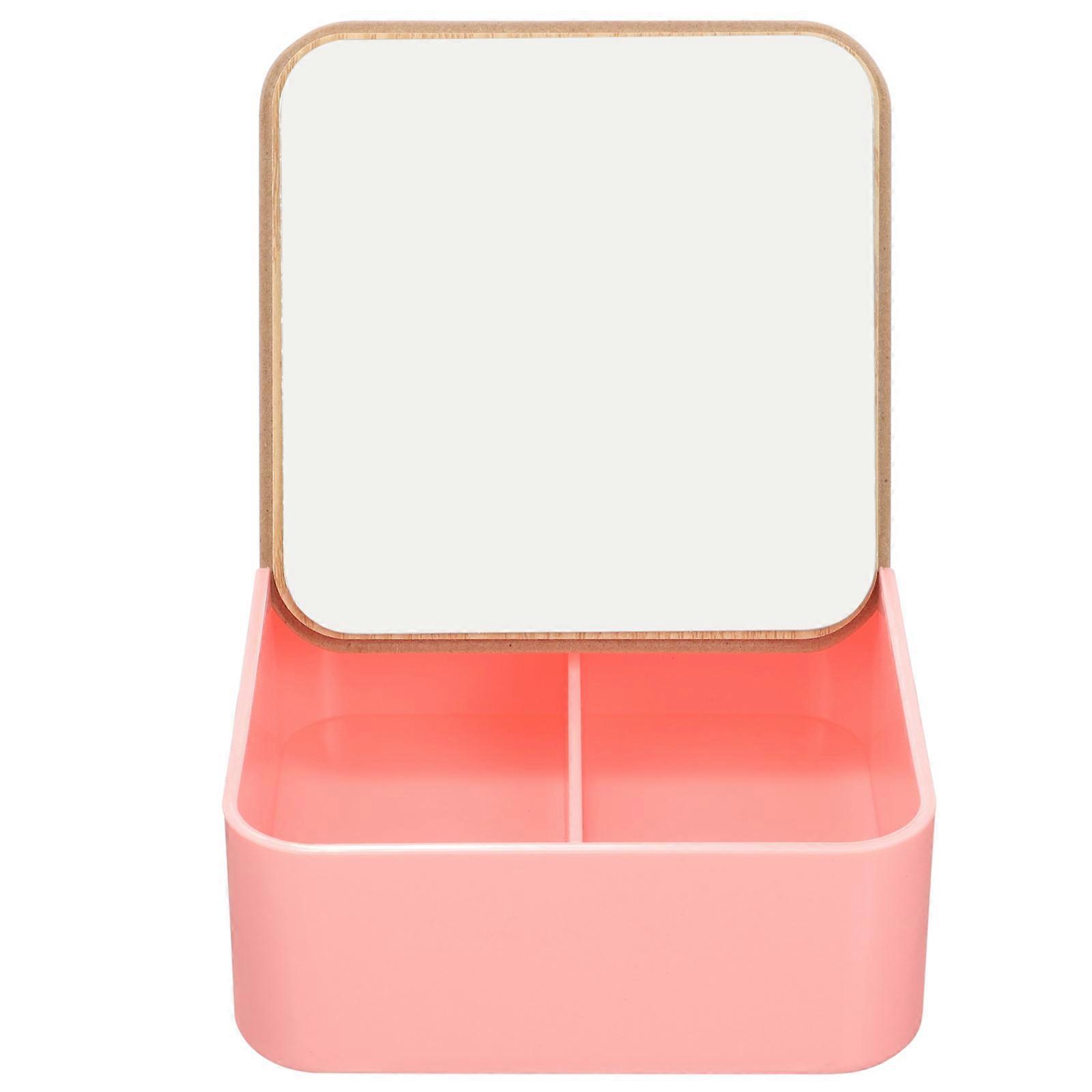 Pink Desktop Makeup Mirror with Bamboo Storage Box for Cosmetics