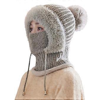 3-in-1 wintermuts en sjaal met capuchon voor dames, gebreide muts met capuchon, grijs, één maat, geschikt voor koud weer.