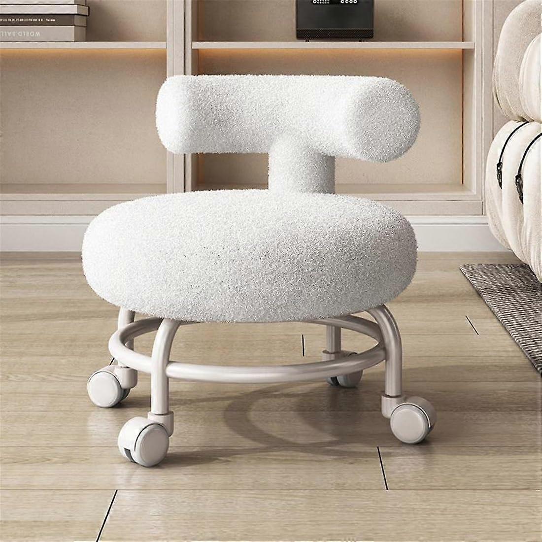 Rolling Stool with Backrest, Lambsfaux wool Upholstery, Smooth Casters, SpaceSaving Low Chair