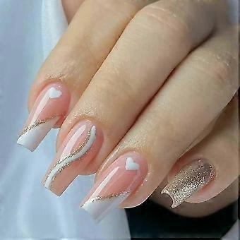 Valentine's Day Press On Nails with Romantic Heart Designs, White and Gold Glitter Coffin Set 24 Pcs