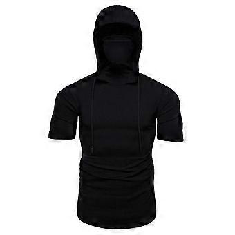 Men Fitness Hoodie Gilet Short Sleeve Hooded Sweatshirt Mask T-shirt Summer Gym Sports Top-ttww