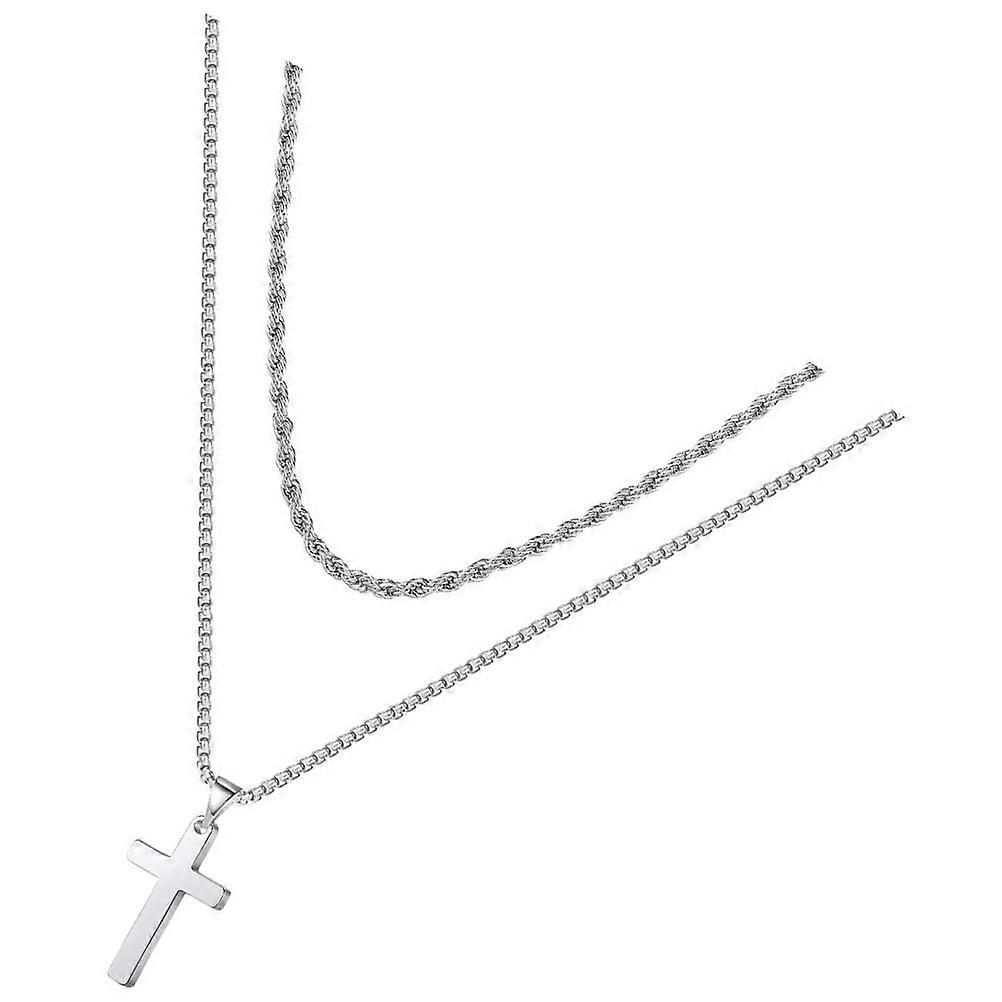 Collier pendentif croix style tendance, double rangée, argent.