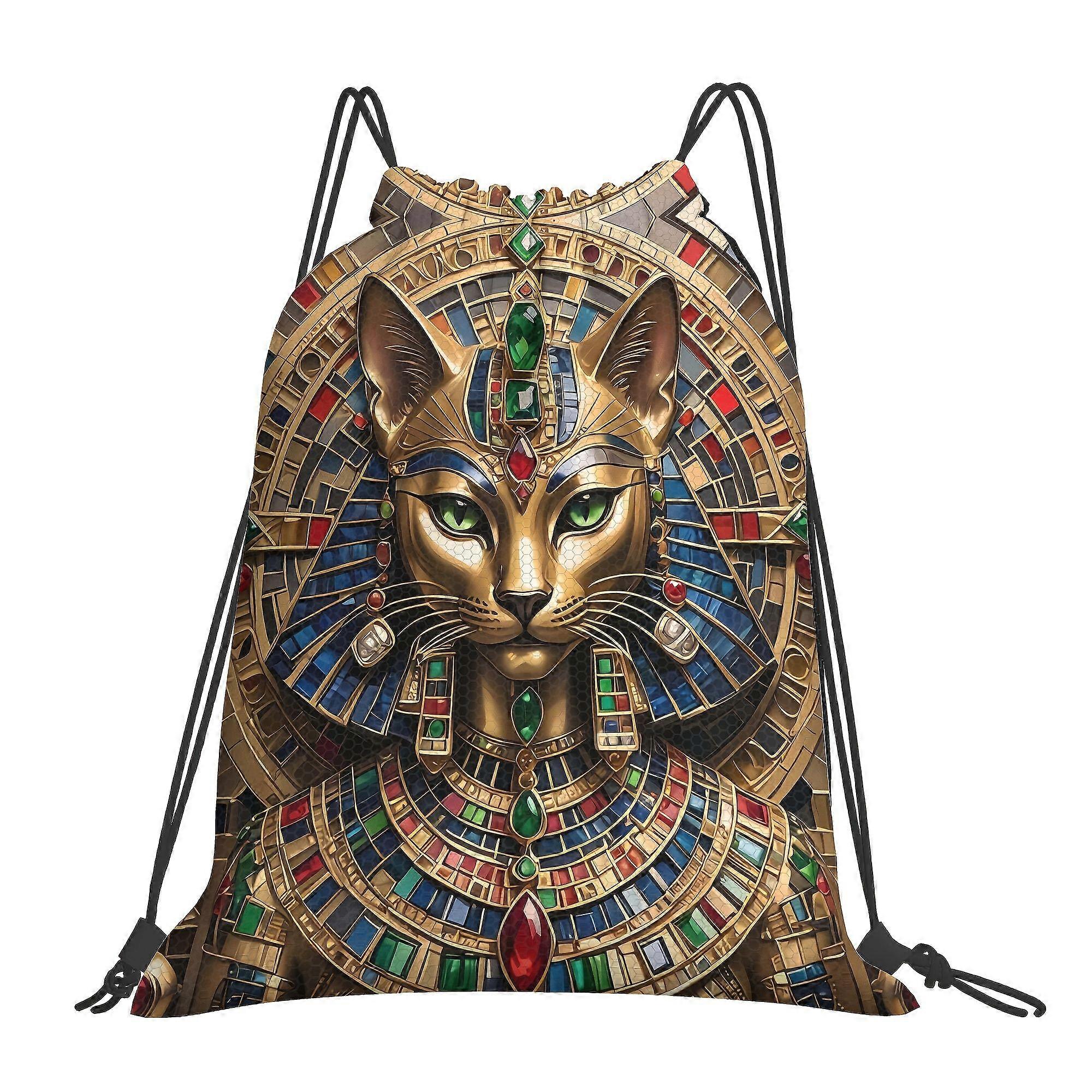Drawstring Backpack, Adorned with Ancient Egyptian Cat Gemstone Pattern-Pqasd