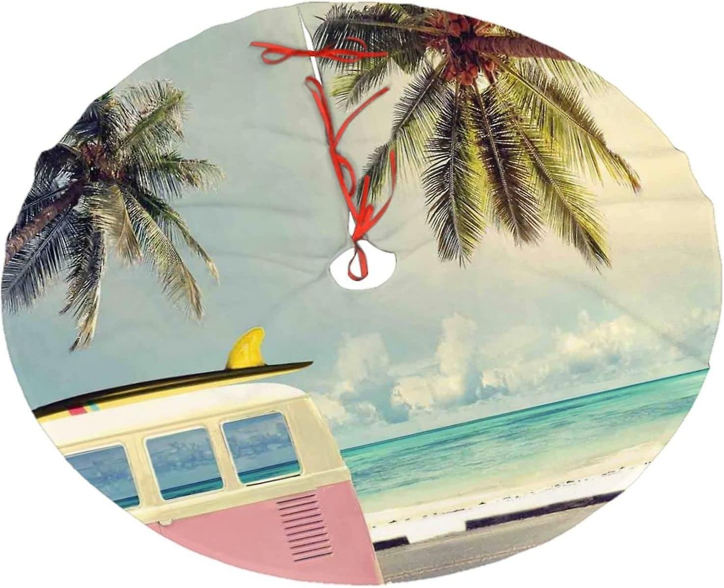 Christmas Tree Skirt Bus Beach Seaside Scene Christmas Decoration Plush Tree Skirt