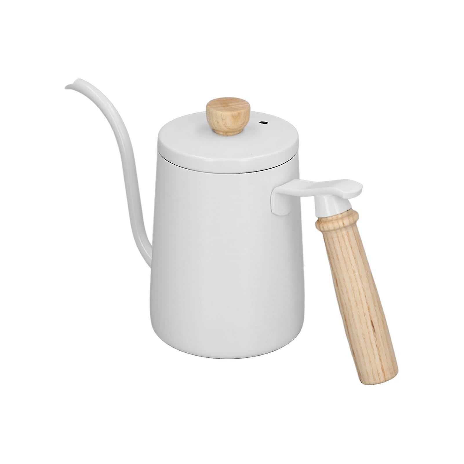 600ml 304 Stainless Steel Gooseneck Pour Over Kettle with Wood Handle - for Brewing Coffee, Tea, and Hot Beverages(White)