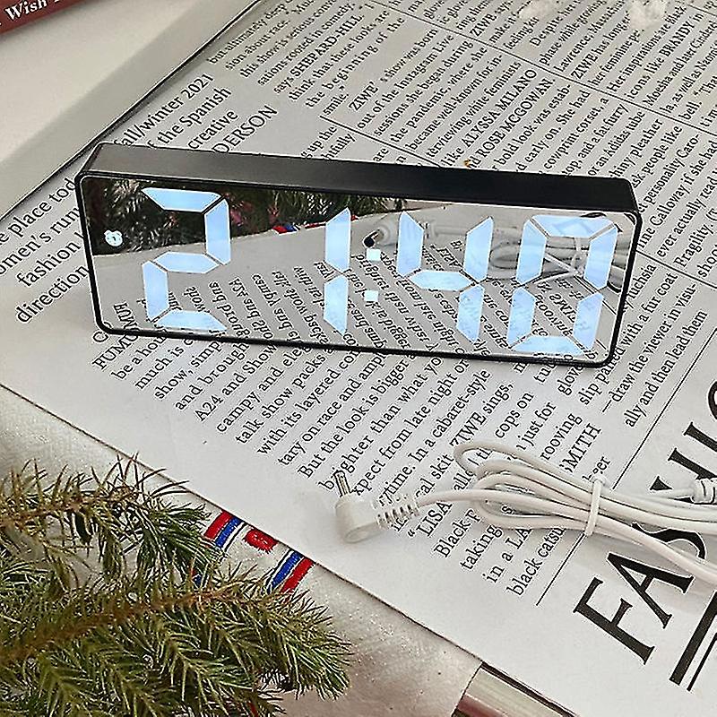 LED Mirror Digital Alarm Clock Smart Silent Desktop Alarm Clock Students Electronic Clock with Charging Cable Black Shell Ships Without Battery