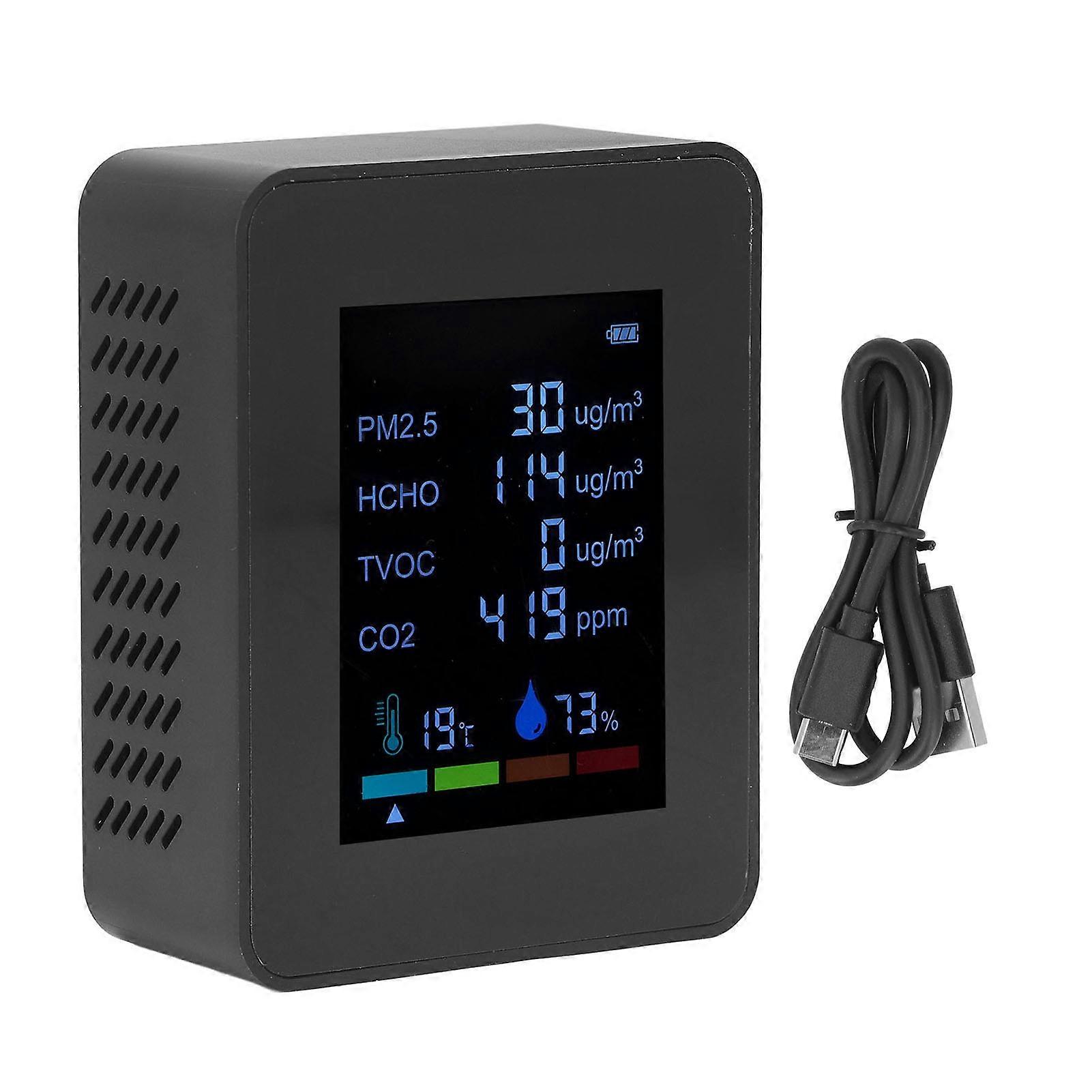 Multifunctional 6 in 1 CO2 Meter Air Quality Monitor Temperature PM2.5 TVOC HCHO Detector USB Charging Black