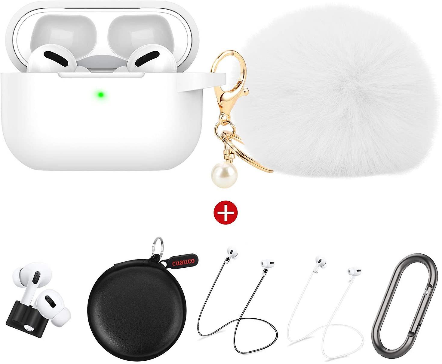 Protective Silicone Case for AirPods Pro(2019 Release)(Front LED Visible)with 1 Keychain/2 Strap/1 Watch Band Holder/1 Headphone Case(7 Pack)(White)
