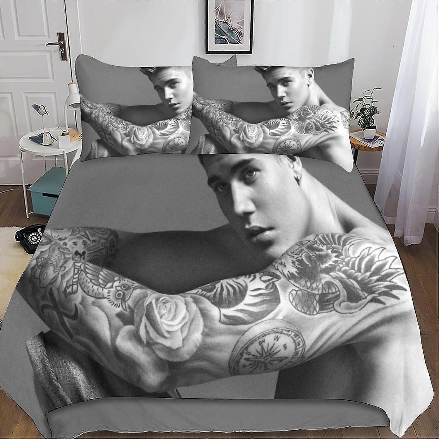 3D Justin-Bieber Dekbedovertrek Beddengoed en Kussensloop Microvezel Heren Jeugd Jongens Kinderen Beddengoed Sets met Ritssluiting 3 Stuks Dubbel
