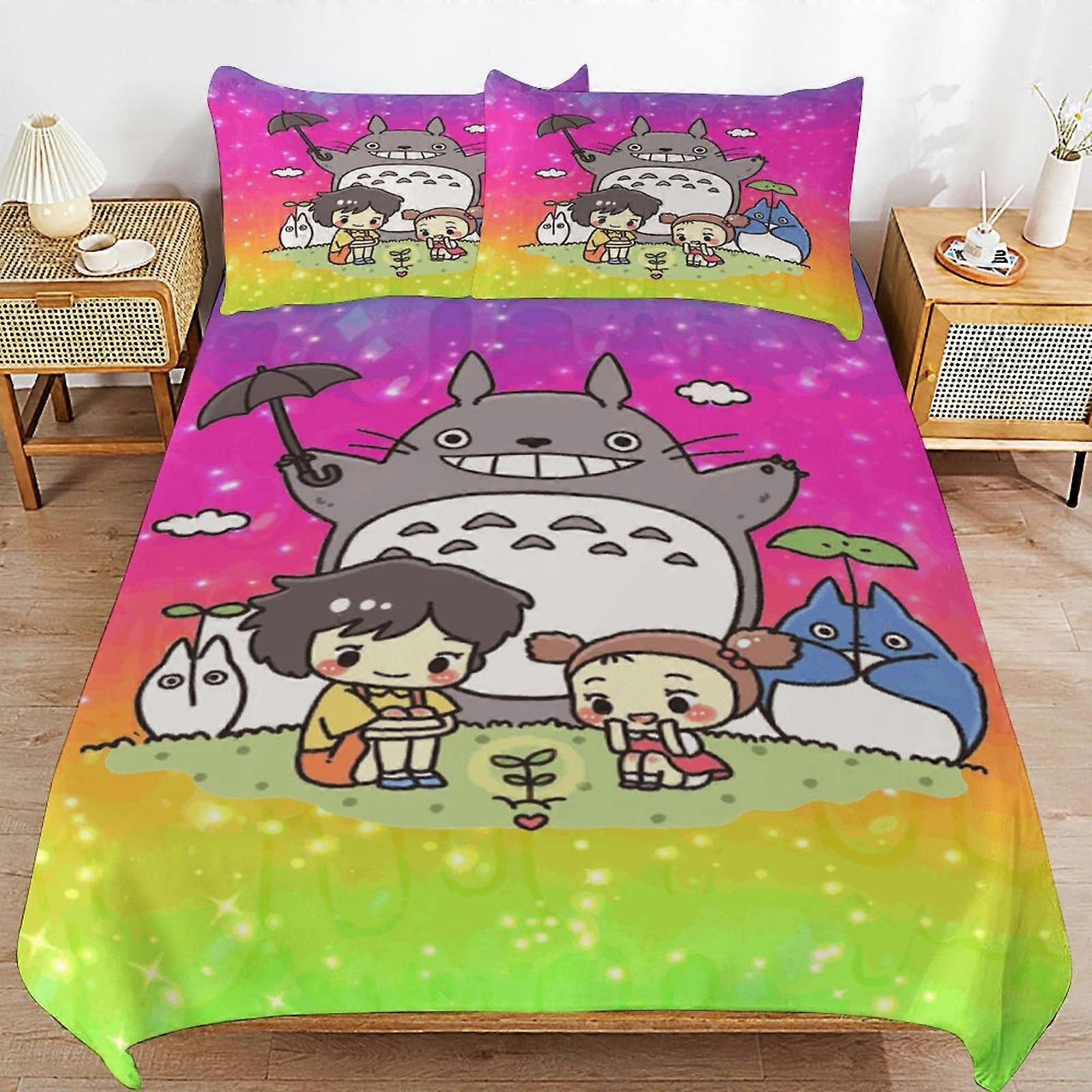 x8 My Neighbor Totoro Capa de Edredom de Cama Conjuntos de Cama de Microfibra Impressos em 3D Conjuntos de Edredom Leves de 3 Peças, 1 Capa de Edredom e 2 Fronhas para Crianças