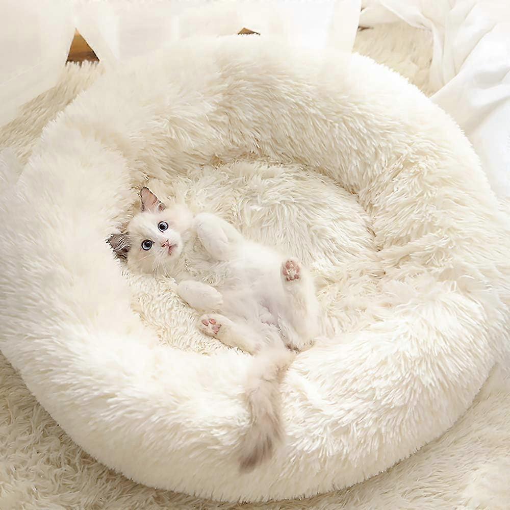 Indoor cat bed, washable doughnut cat and dog bed, soft plush pet pad, waterproof and fluffy bottom dog and cat sleeping self warming bed, off white,