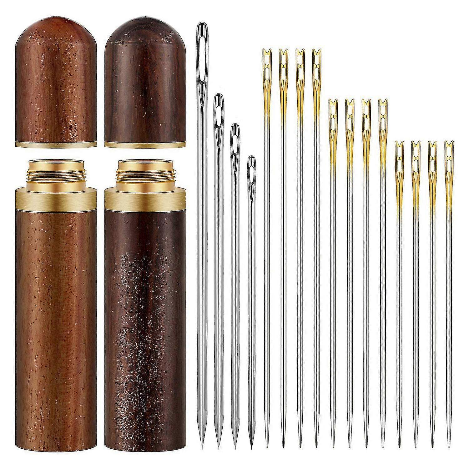 2pcs Wooden Needle Case With 24 Self Threading Needles And 4 Large-eye Leather Stitching Needles Fo (haoyi)