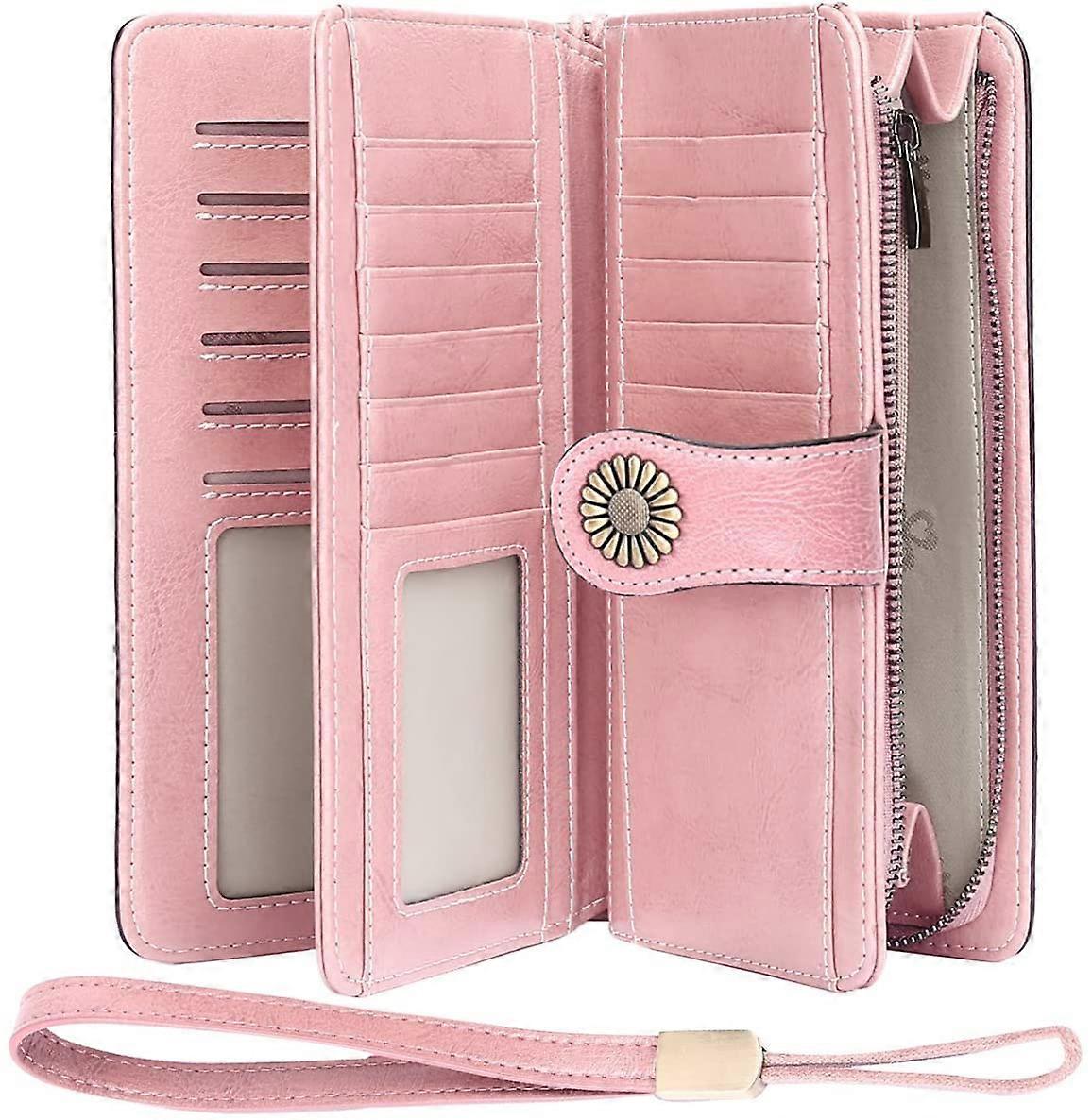 محفظة نسائية جلد كبير ، محفظة نسائية كبيرة العديد من المقصورات ، حماية المرأة ذات المحفظة الطويلة ، وردي