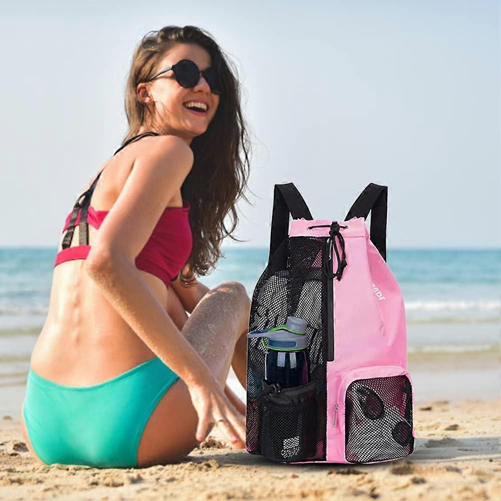 GSE Mesh Drawstring Backpack - Foldable Beach Bag With Inside Zipper Pocket (19x15 Inch)