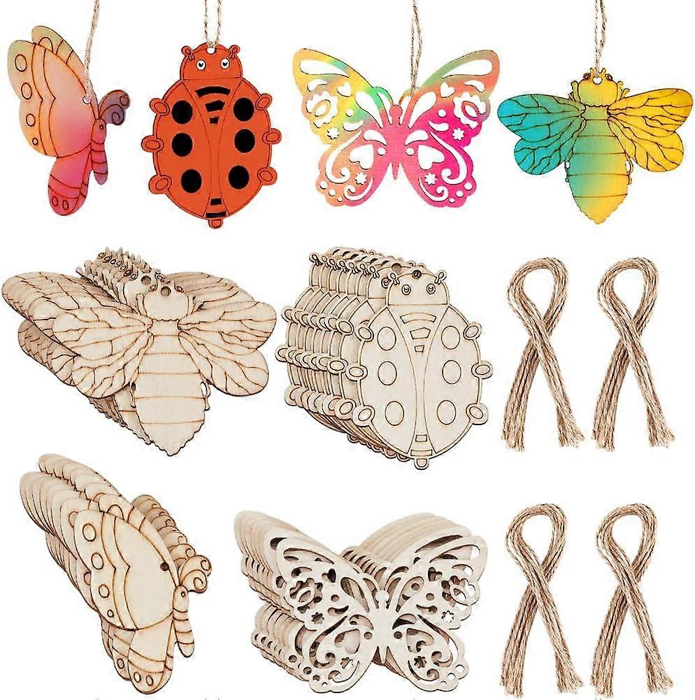 32Pcs 4 Styles Wooden Cutouts Butterfly Ornaments Paintable Blank Unfinished Insect Moth Ladybug Animal Predrilled Wood Slices with 8Pcs Ropes for Cra