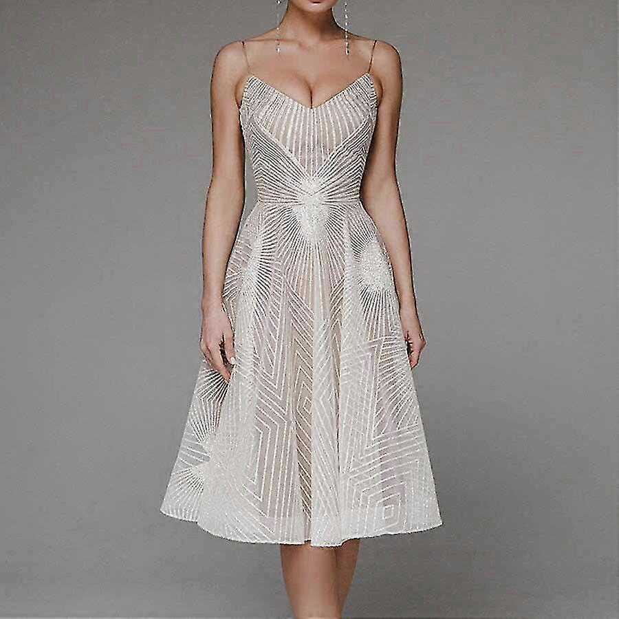 Moda V Boyun Askı A-line Elbise Seksi Kayma Backless İşlemeli Midi Elbiseler Zarif Lüks Düğün Konuğu Uzun Resmi Parti