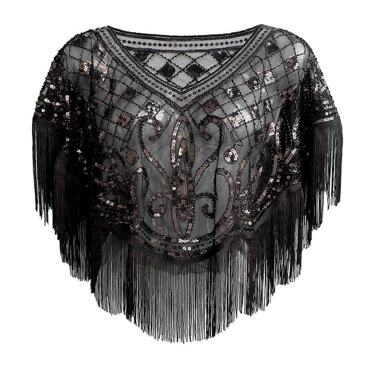 Vintage 1920s Women's Sequined Mesh Shiny Scalloped Poncho Mesh Embroidered Leaf Blouse Party Black