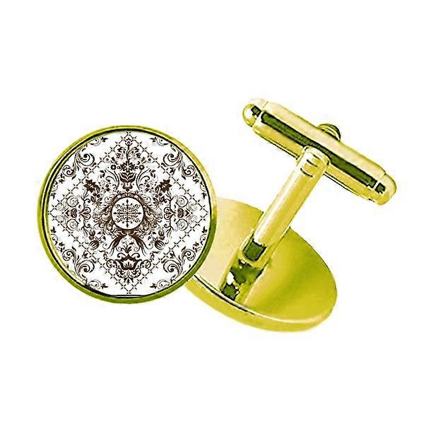 Flower  Parallel Repeat Illustration Pattern Studded Business Metal Cufflinks Golden