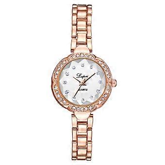 Frauen Quarz Strass Stahlband Rundes Zifferblatt Legierung Armbanduhr Uhr (Roségold Weiß)