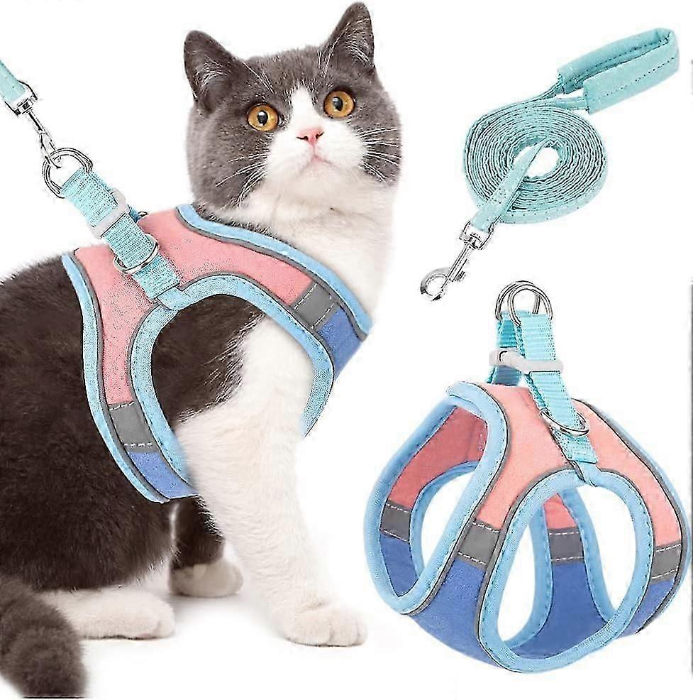 Cat Harness and Lead Set for Walking, Adjustable Soft Sturdy Faux Suede Escape Proof Kitten Vest Harness and leash with Reflective Strip for Large Med