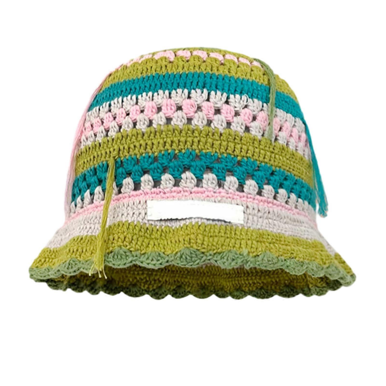 Summer Sunproof Crochet Bucket Hat Ladies Spring Commute Camping Fisherman Cap with Stripe Pattern for Girlfriend Green