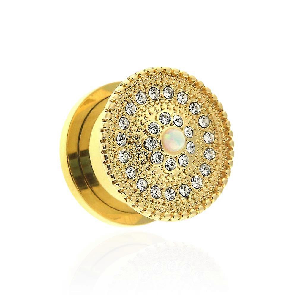 Gold Pvd Plated Cz And Opal Studded Ear Flesh Tunnel