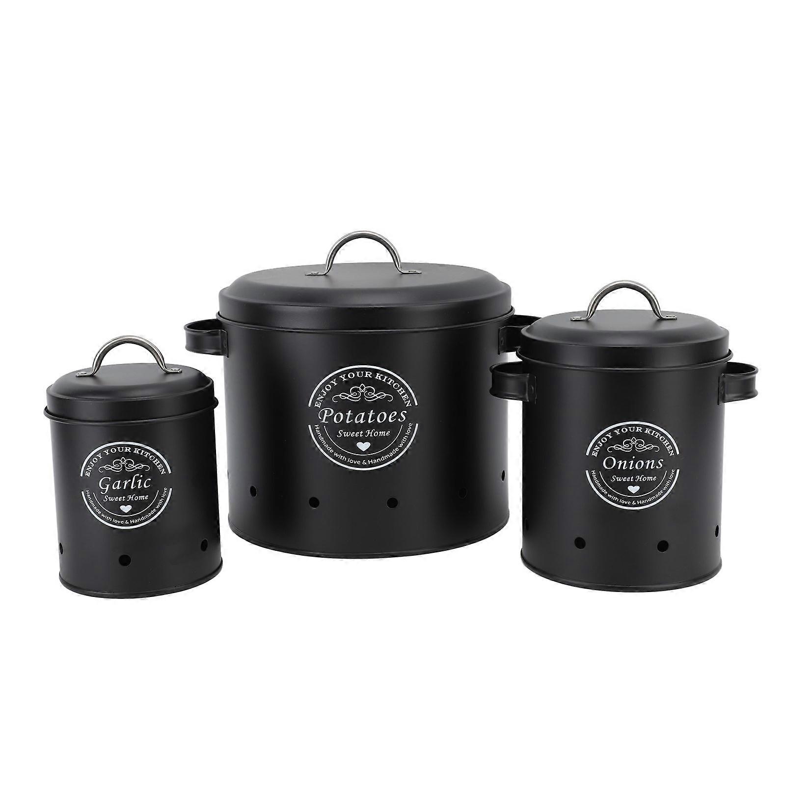 Lot de 3 bacs de rangement pour pommes de terre et oignons en acier carbone, style ferme, pour comptoir, noir