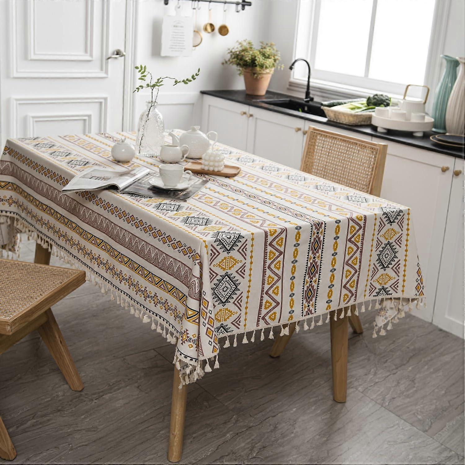 Boho Rectangle Cotton Linen Wrinkle Farmhouse Tablecloth with Tassels for Picnic Kitchen 55 x 70 Inch