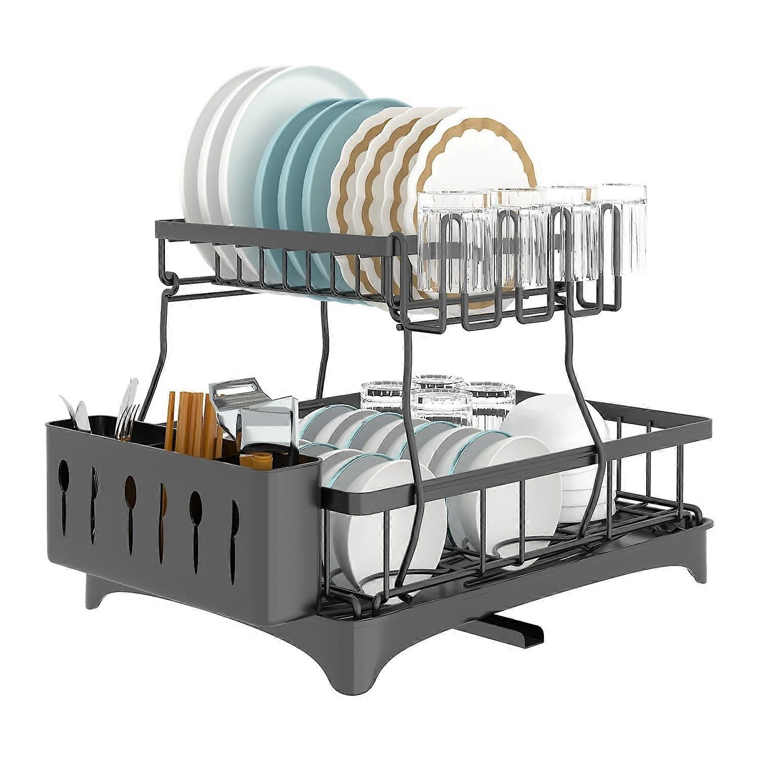 2-Tier Drying Dish Rack Set with Drain Board and Utensil Holder Metal Kitchen Counter Organizer for Small Spaces