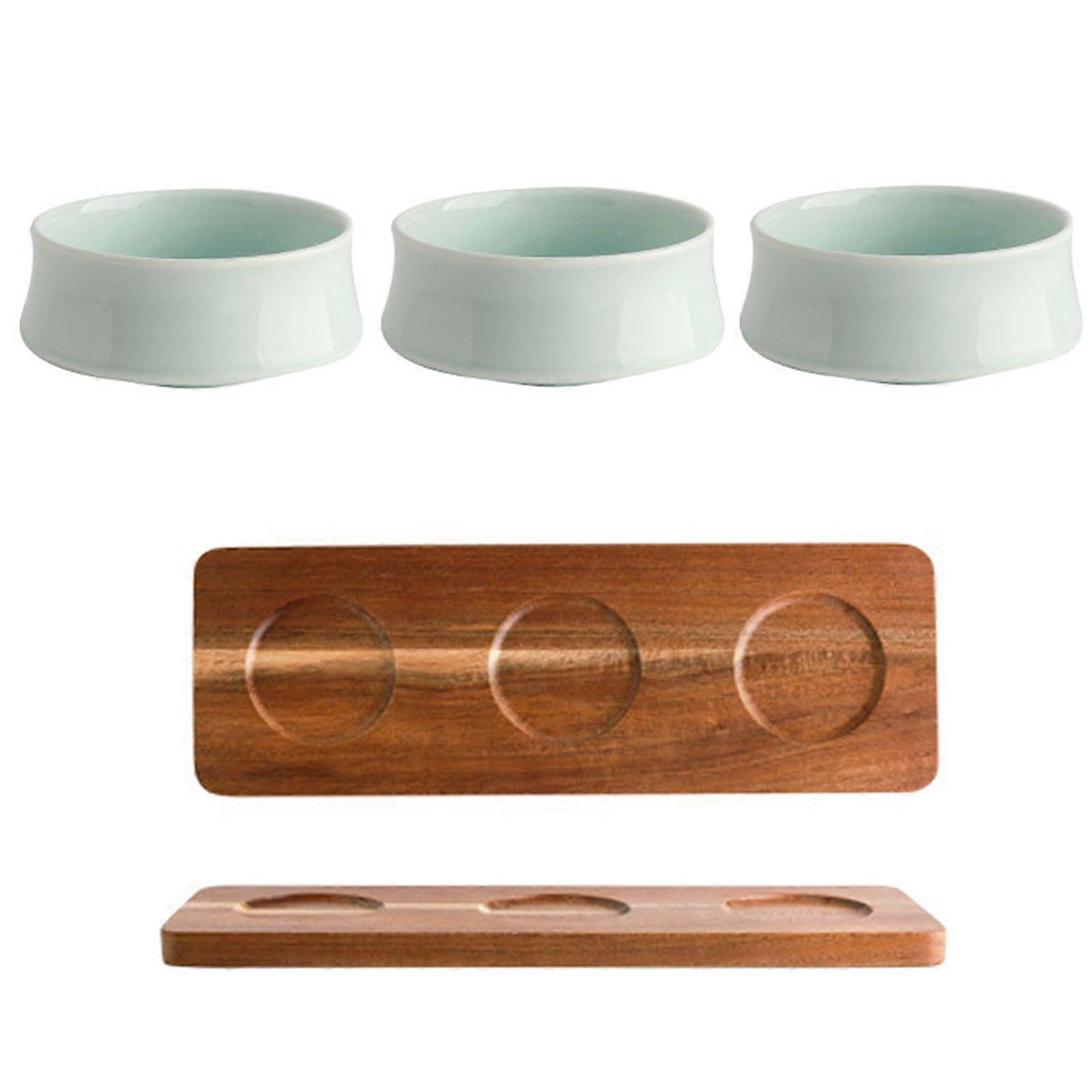 3 Packs Ceramic Chips and Dip Serving Platter with Wooden Tray, Mini Dipping Serving Saucers Bowls