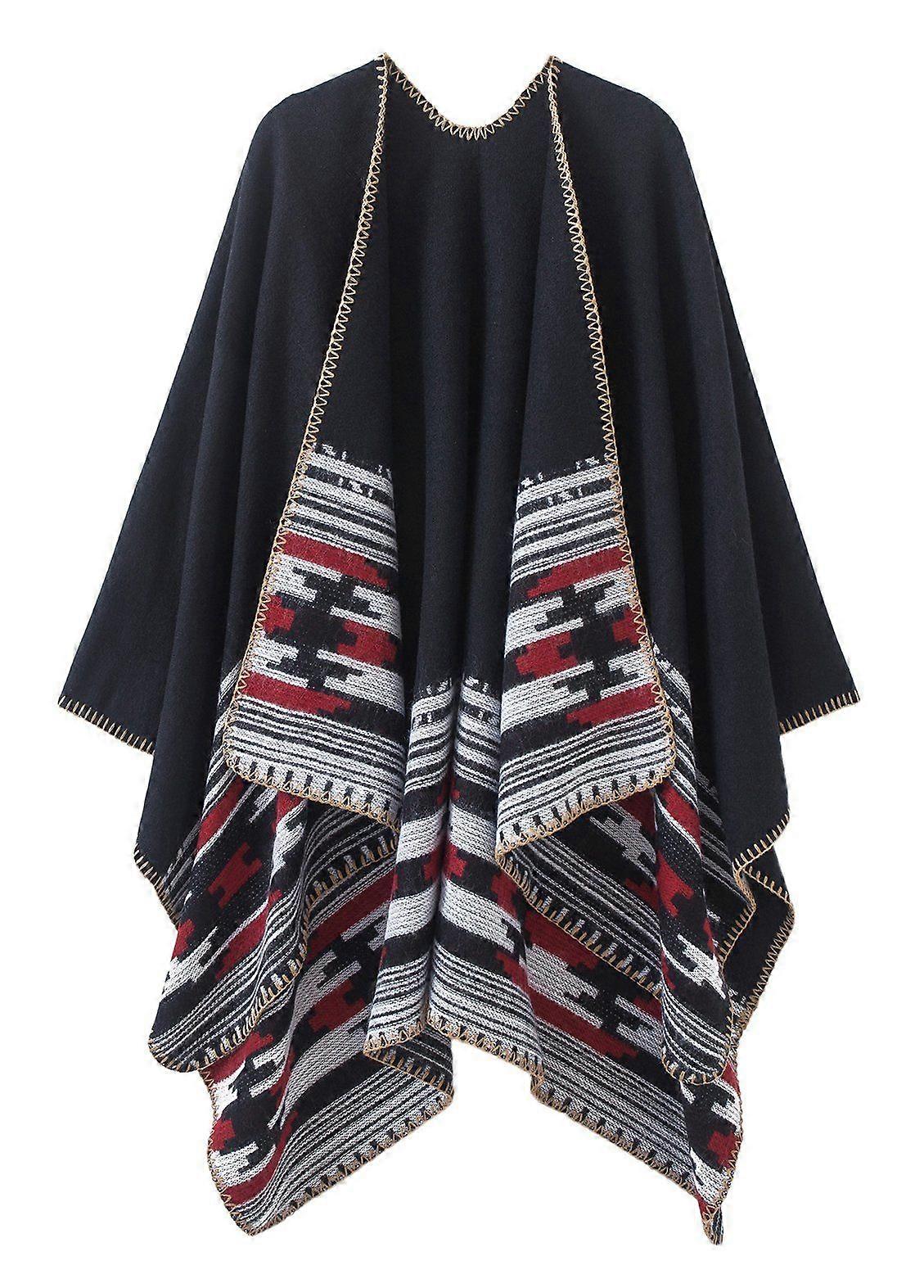 Women's Retro Pattern Front Open Cape Cape Winter Shawl Scarf Diamond Stripe Cape