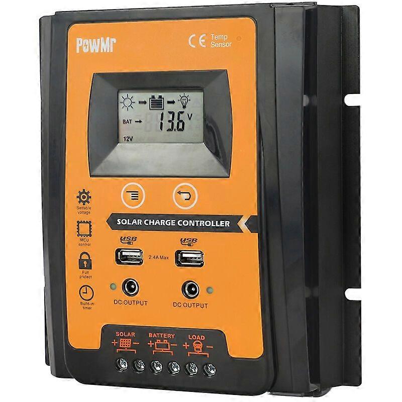 Solar Charge Controller for 12V/24V Solar Panel System PV Battery Controller IP32 Charging Timer LCD Display Solar Panel Regulator with Dual USB Port 