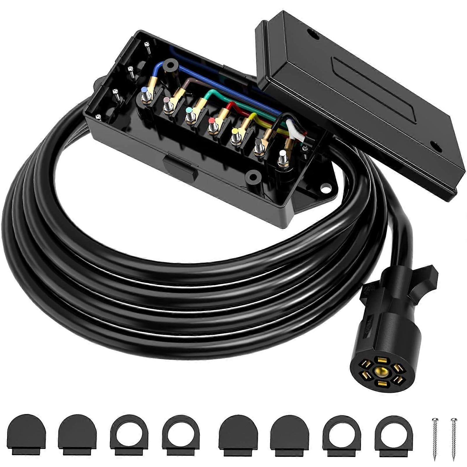 7 Way Trailer Cord Plug, 7 Pin Wiring Trailer Harness Kit with Junction Box, 8FT